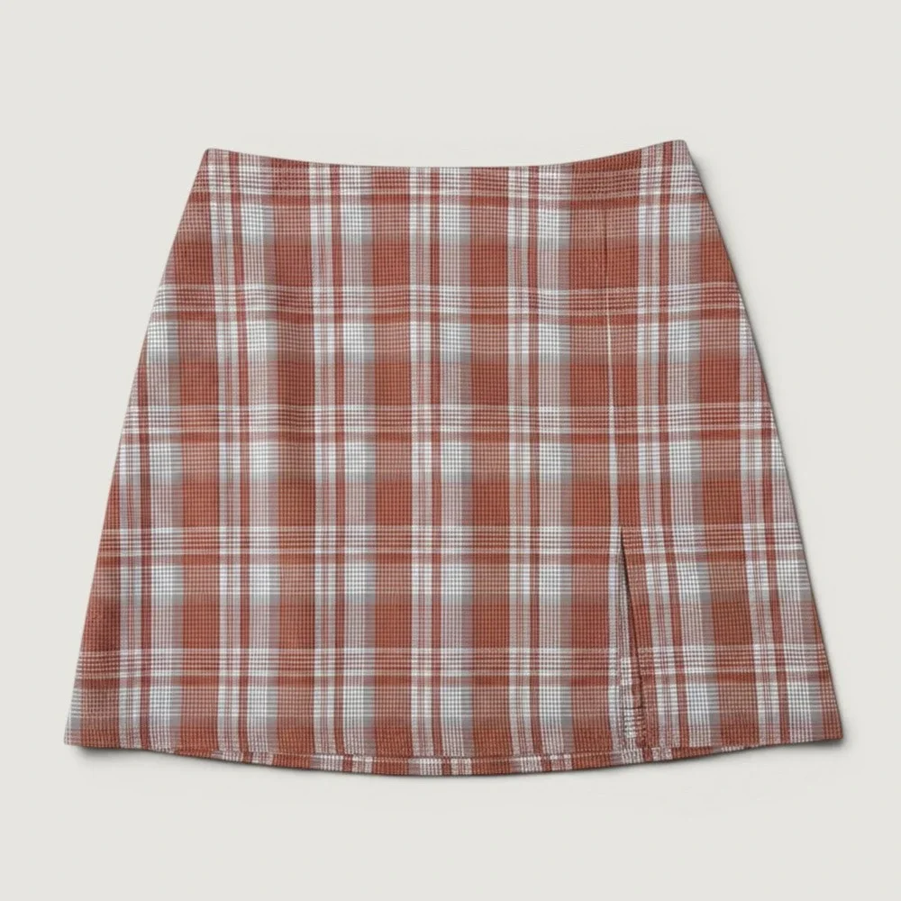 Sunday Best Plaid Mini Skirt Womens 00 Terracotta Excellent Front Slit 99260